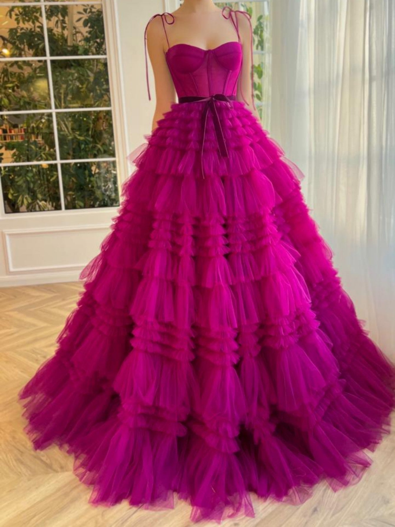 Strapless A Line Fuchsia Tiered Long Prom Dress - Fashionpara