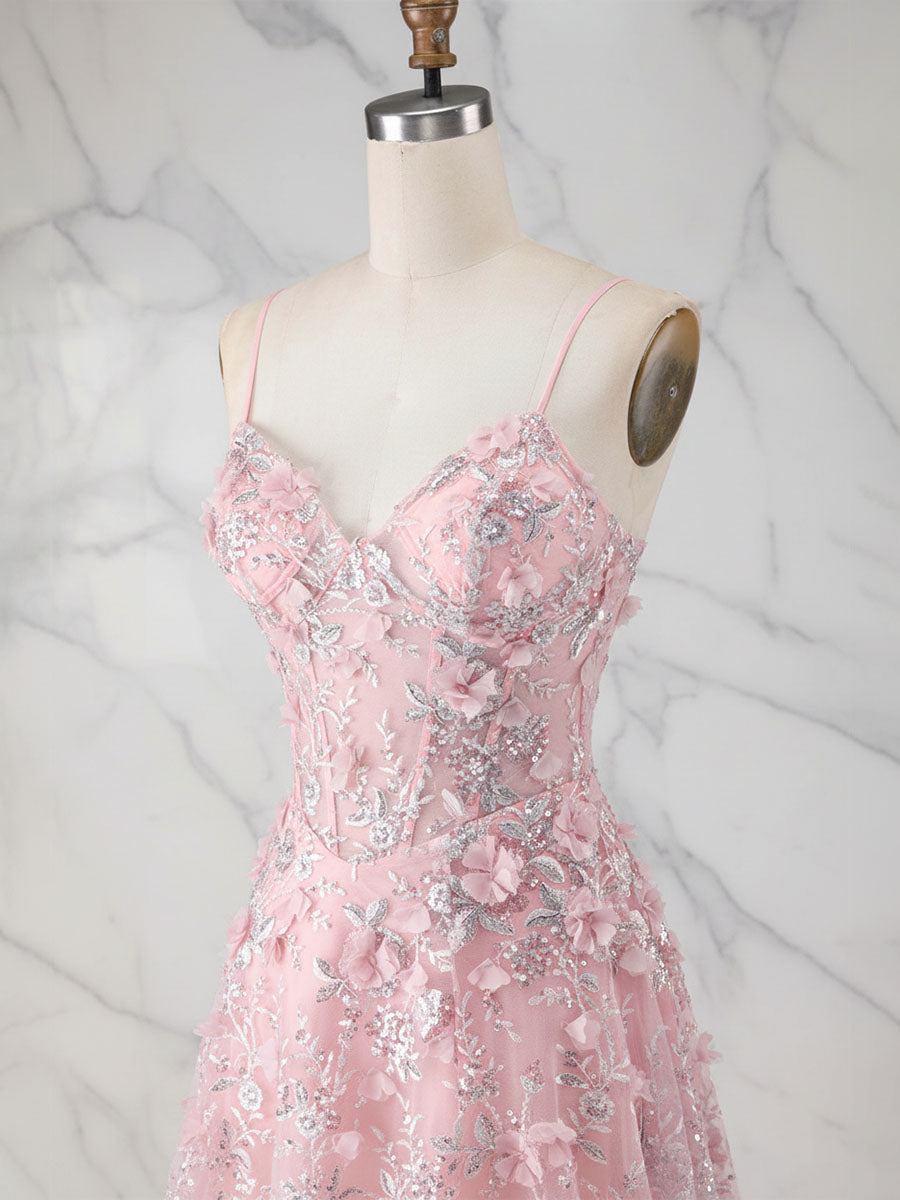 Whimsical Pink 3D Floral Applique Tulle Prom Dress with Slit
