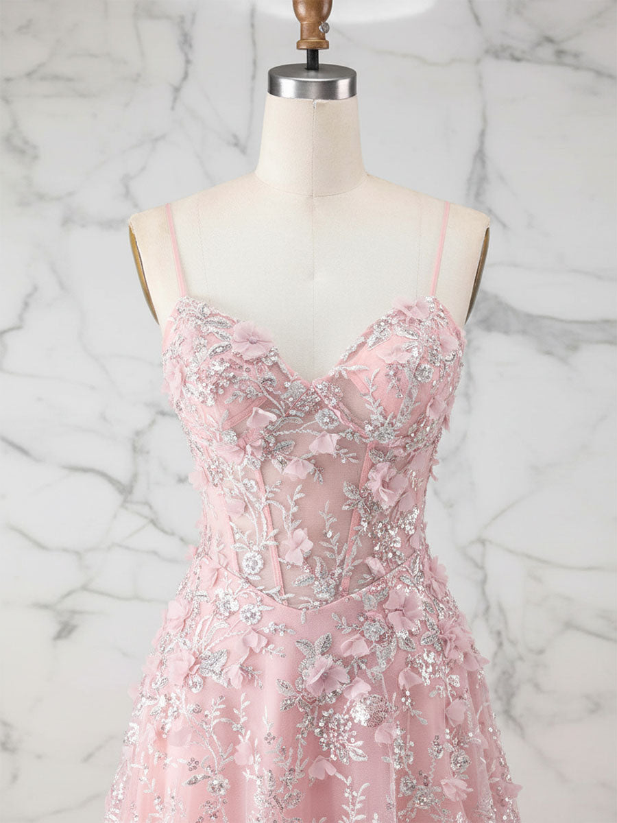 Whimsical Pink 3D Floral Applique Tulle Prom Dress with Slit