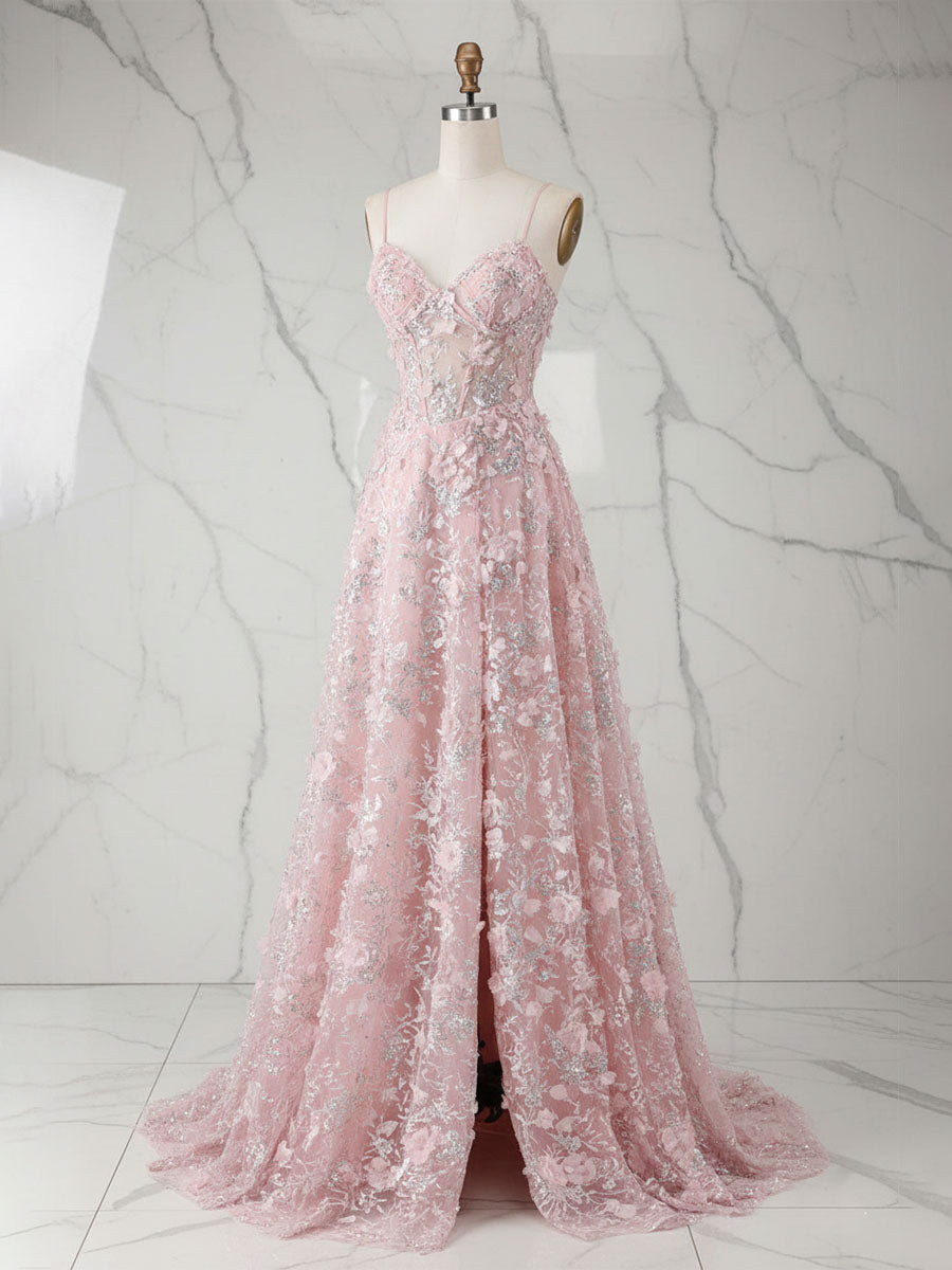 Whimsical Pink 3D Floral Applique Tulle Prom Dress with Slit