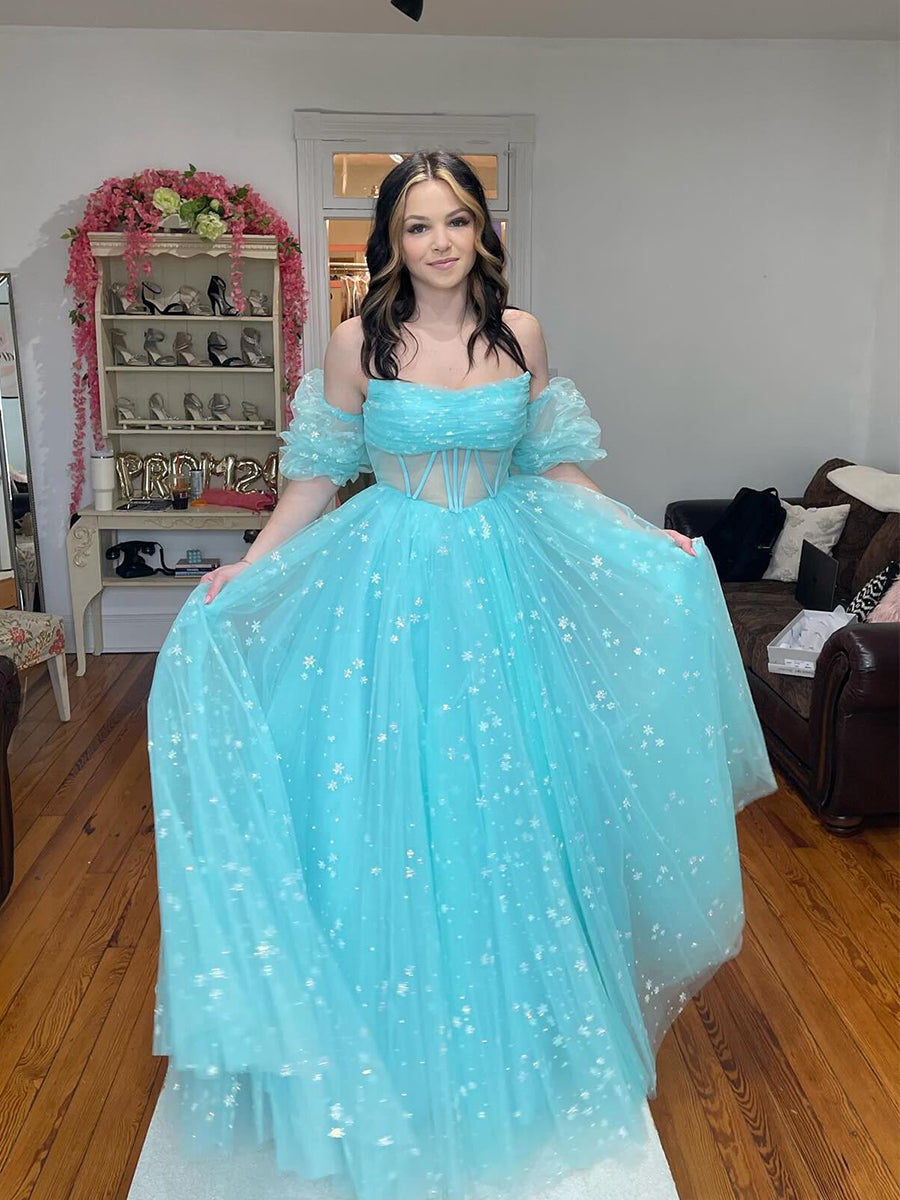 Pink Star Tulle Strapless Puff Sleeves Corset Prom Dress