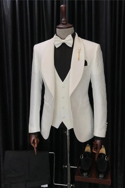 White 3 Piece Shawl Lapel Jacquard Wedding Suit for Men