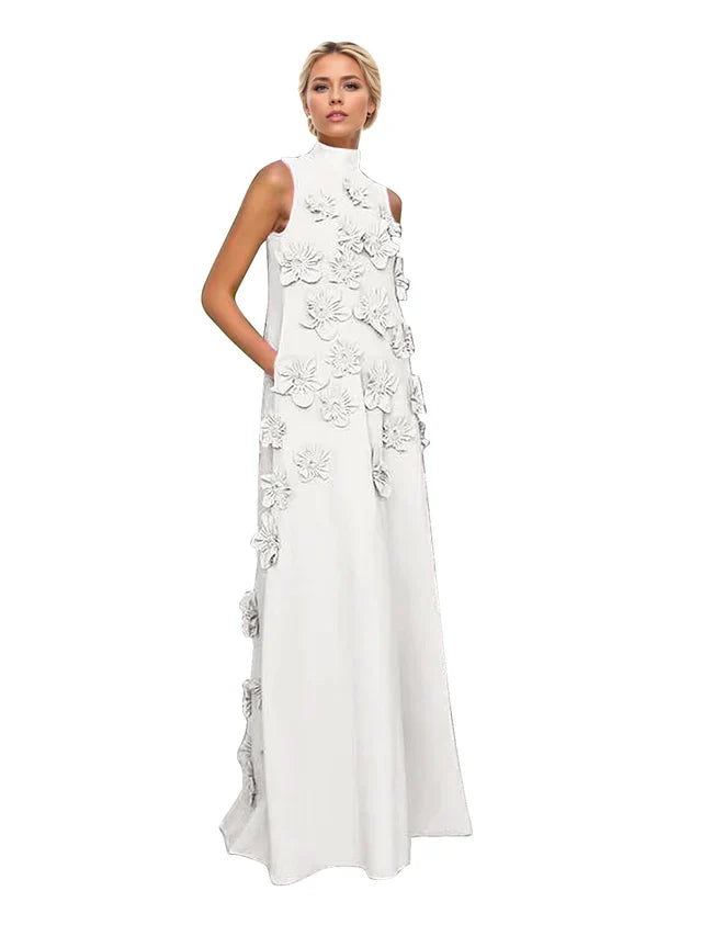 A Line High Neck Sleeveless Floor Length Stretch Crepe Dress With 3D Flowers