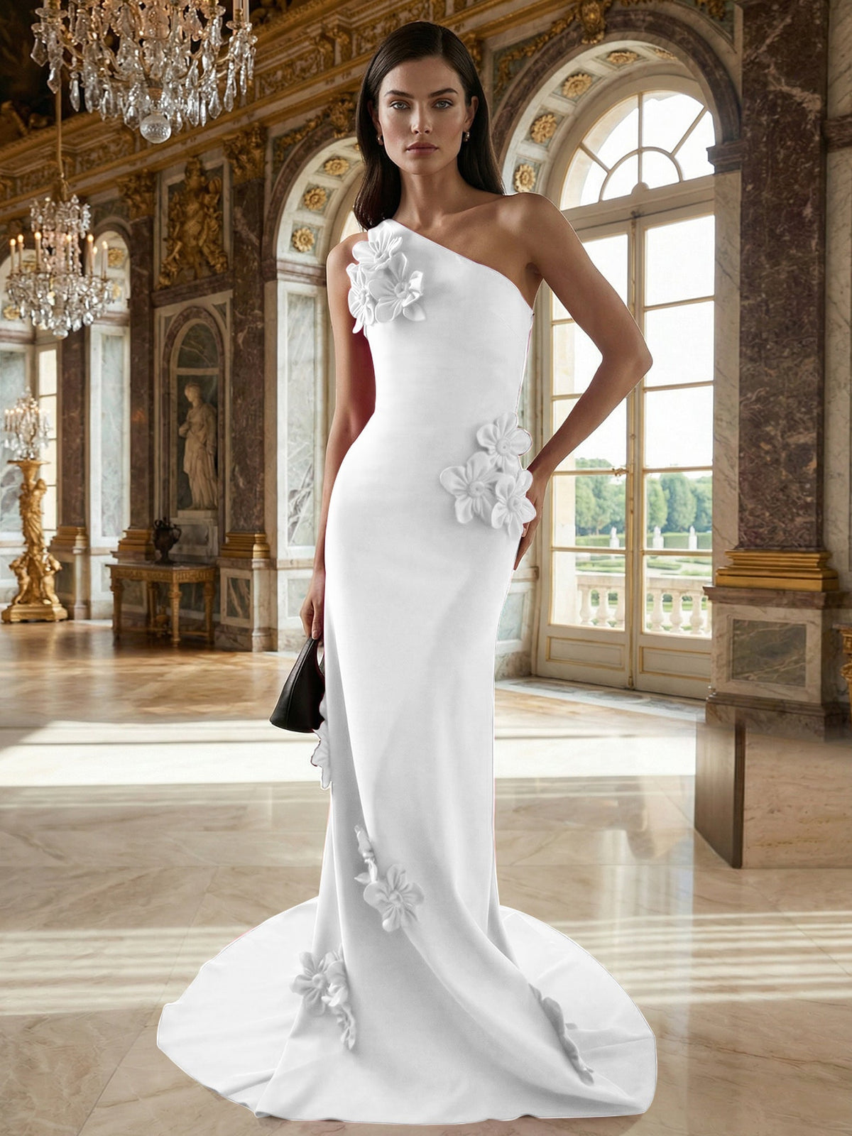 A-Line One-Shoulder Sleeveless Floor-Length Stretch Crepe Dress With 3D Flowers