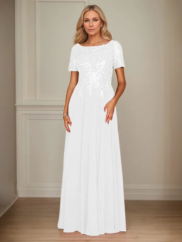 A-Line Chiffon Boat Neck Short Sleeves Floor-Length Mother of the Bride Dresses