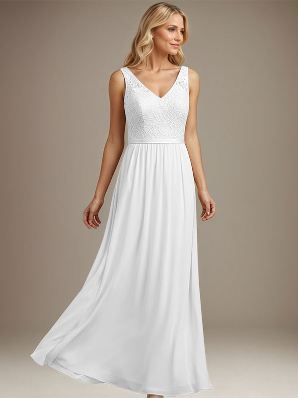 Dusty Blue A-Line V-Neck Floor-Length Lace Chiffon Mother of the Bride Dress - View 9 | FashionDia