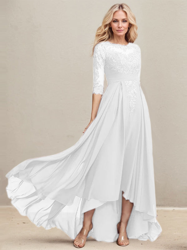 A-line Scoop Illusion Asymmetrical Lace Chiffon Mother of the Bride Dress With Pleated Sequins