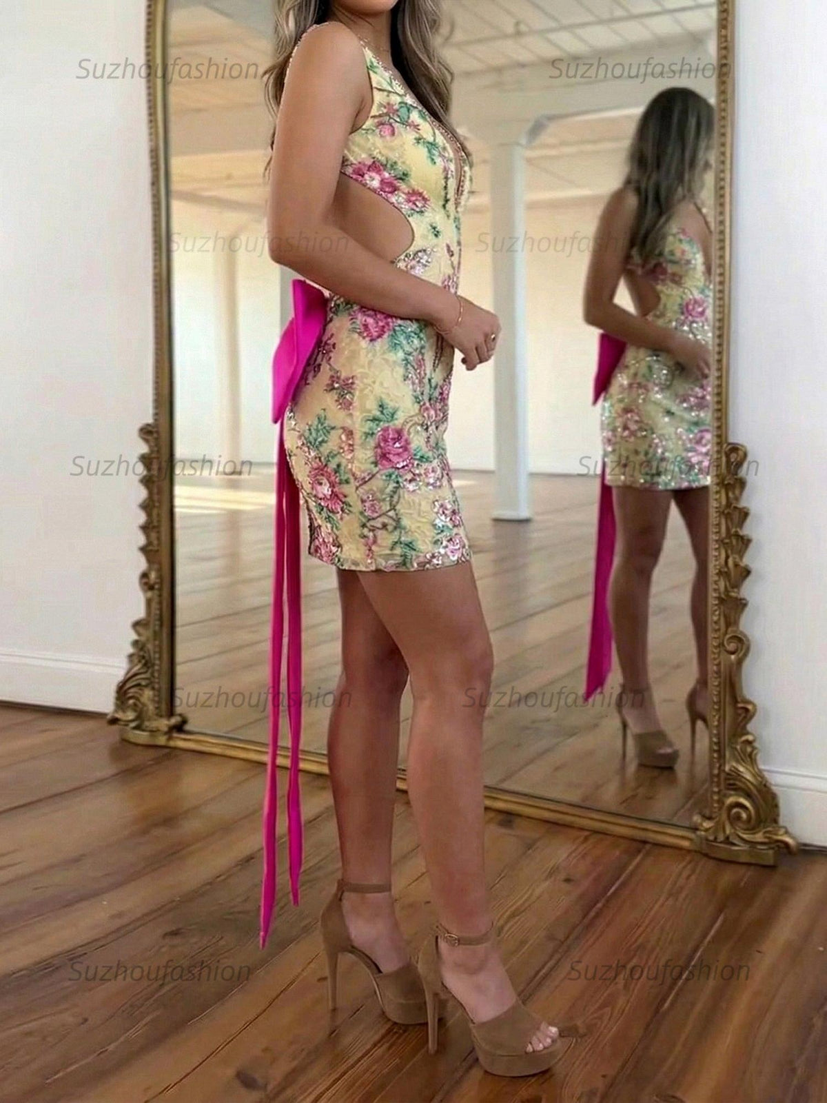 Suzhoufashion White Floral Embroidered Deep V-Neck Homecoming Dress with Oversized Bow Train