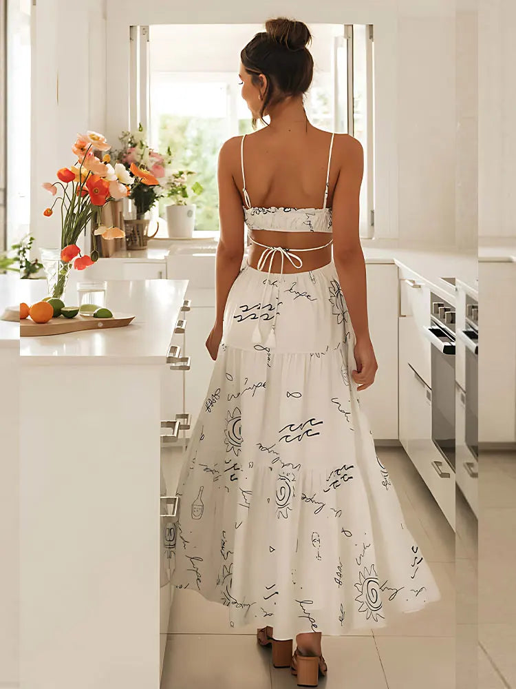Sweet White Graffiti Print VNeck Tassel Sleeveless Floral Dress