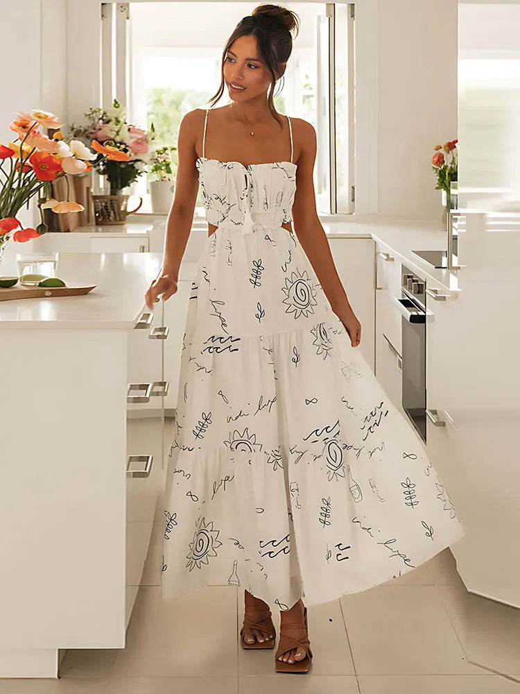 Sweet White Graffiti Print VNeck Tassel Sleeveless Floral Dress