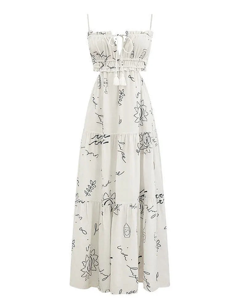 Sweet White Graffiti Print VNeck Tassel Sleeveless Floral Dress