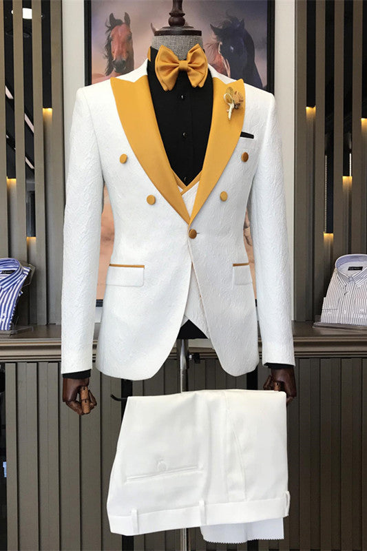 White Jacquard Three Piece Peaked Lapel Wedding Suit for Men