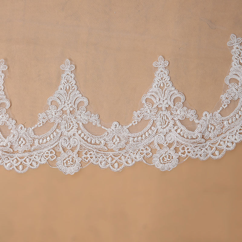 White Long Bridal Veil with Lace
