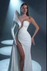 White Prom Dress Evening Formal Dress Long Mermaid One Shoulder With High Slit