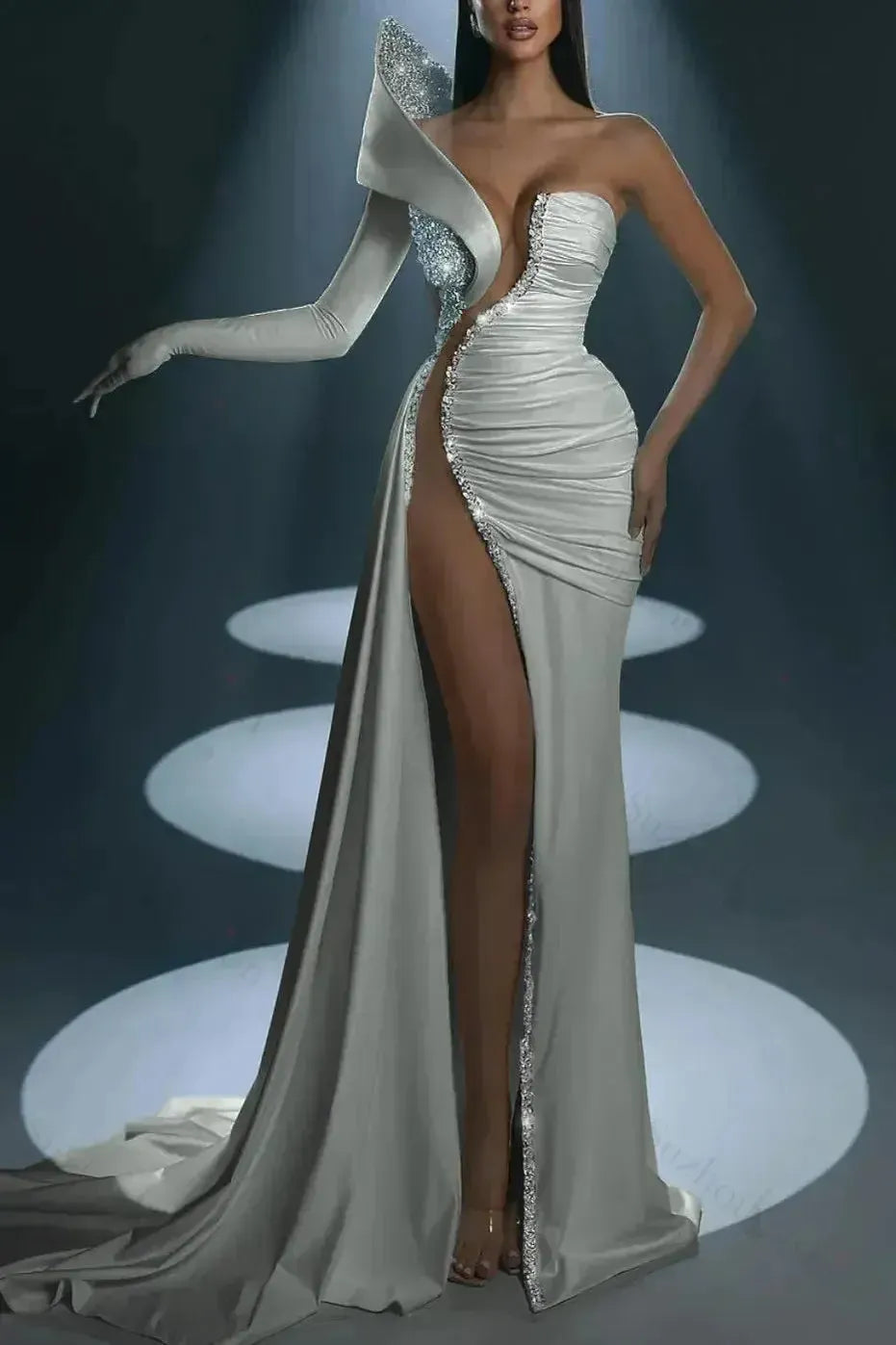 White Prom Dress Evening Formal Dress Long Mermaid One Shoulder With High Slit
