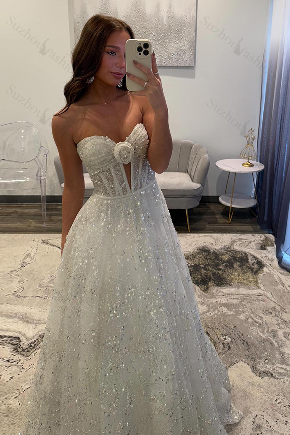 White Prom Dress Long A Line Sweetheart Formal Dress