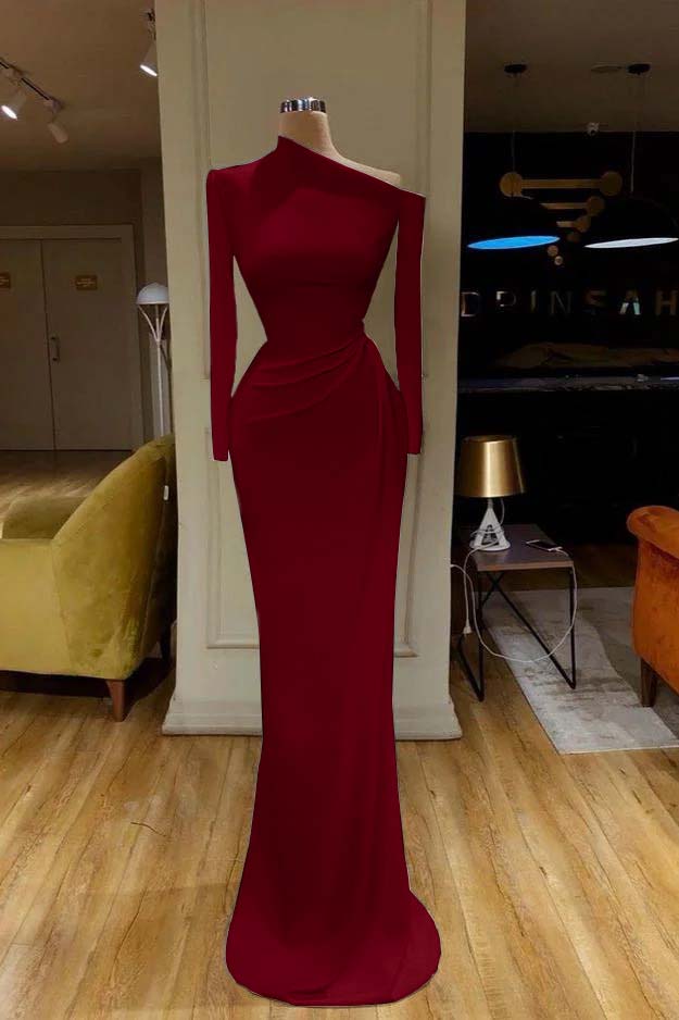 White Prom Dress One Shoulder Mermaid Long Sleeves Evening Formal Dress With Pleated