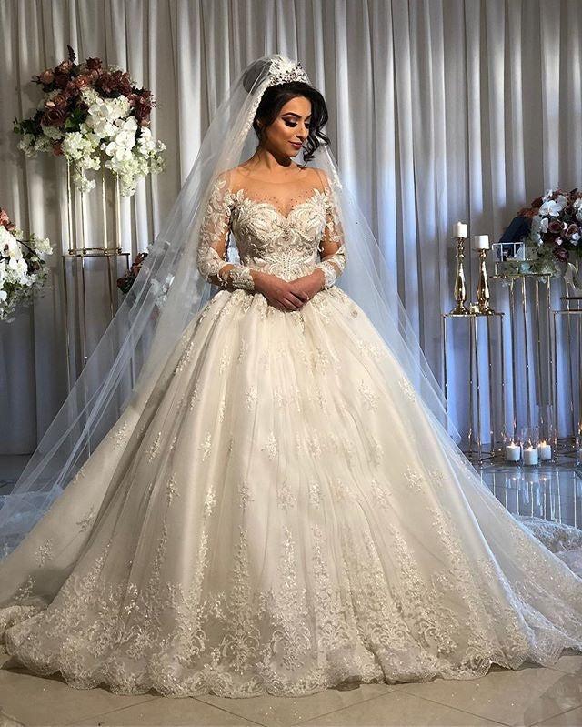 White Sheer Tulle Ball Gown Wedding Dresses | Exquisite Appliques Bridal Gowns