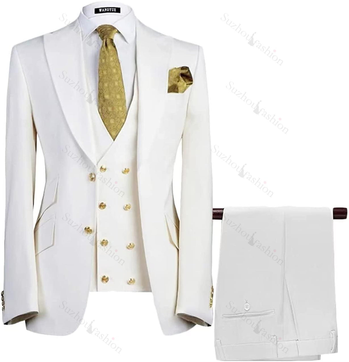 White Three Piece Peaked Lapel Prom Suit