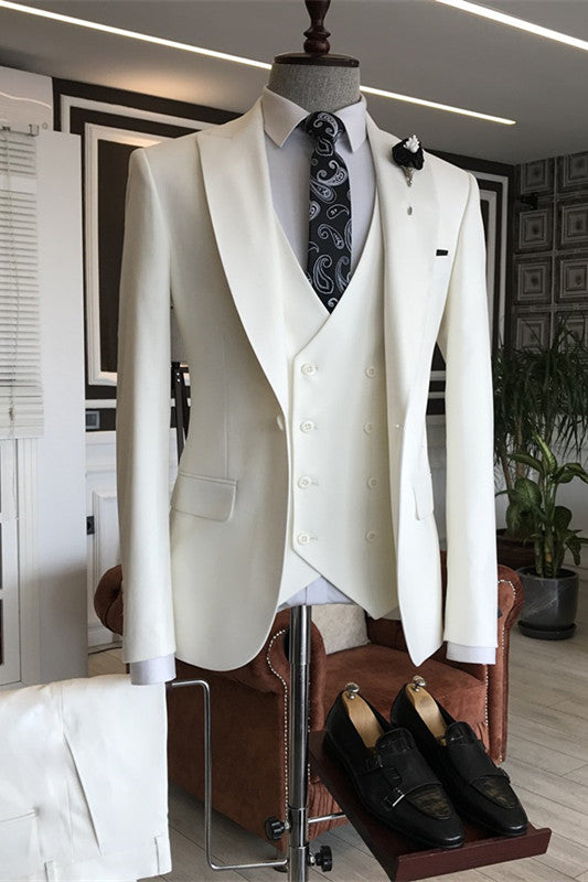 White Three Piece Peaked Lapel Prom Suit