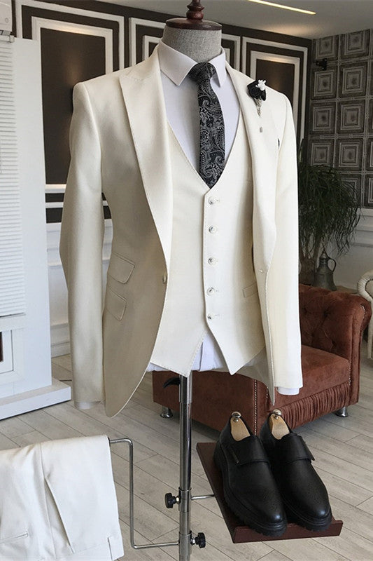 White Three Piece Peaked Lapel Prom Suit