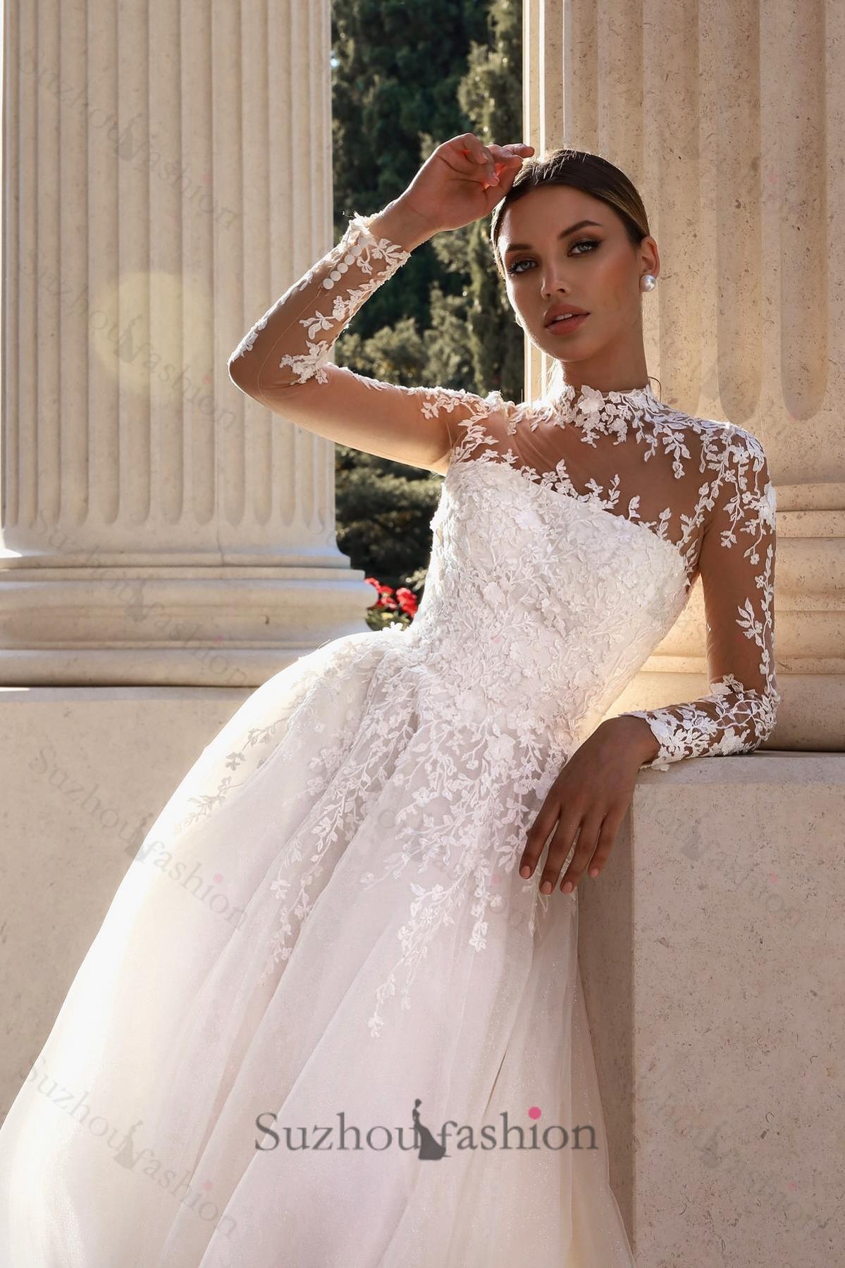 White Wedding Dress A Line Lace High Neck Long Illusion Sleeves Sweep Train Tulle Bridal Gown With Appliques