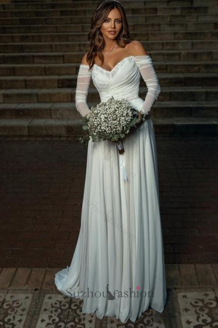 White Wedding Dress A Line Off The Shoulder Long Sleeves Chiffon Ruffles Bridal Gown