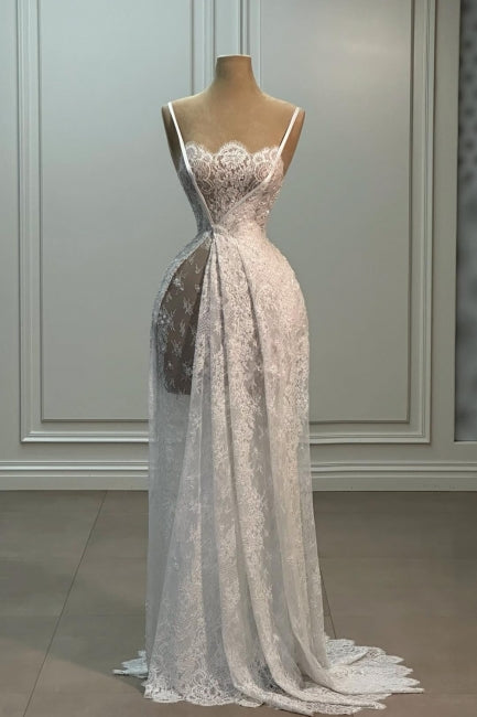 White Wedding Dress A Line Spaghetti Strap Sleeveless Sweep Train Lace Bridal Gown