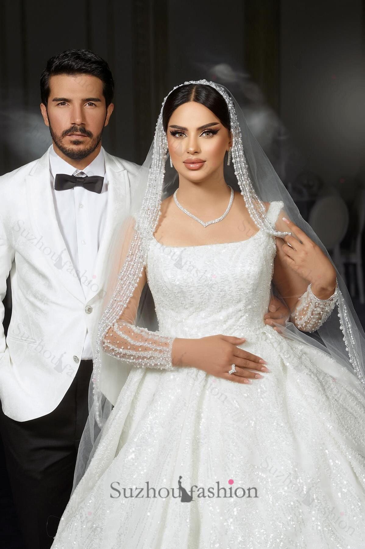 White Wedding Dress A Line Square Spaghetti Strap Beaded Illusion Sleeves Sequined Ball Gown Long Satin Bridal Gown With Ruffles