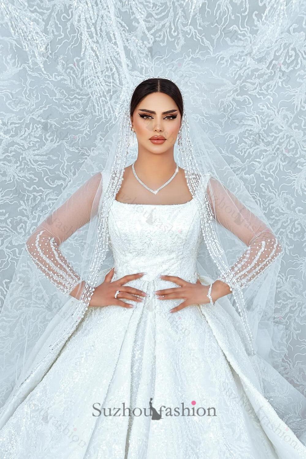 White Wedding Dress A Line Square Spaghetti Strap Beaded Illusion Sleeves Sequined Ball Gown Long Satin Bridal Gown With Ruffles