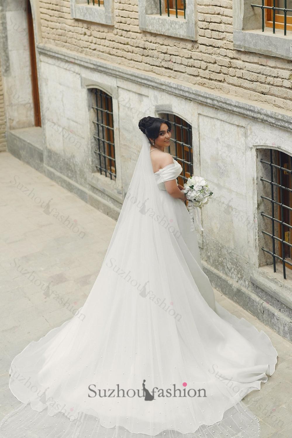 White Wedding Dress A Line Strapless Off The Shoulder Sleeveless Long Chiffon Bridal Gown With Ruffles