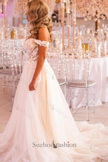 White Wedding Dress A Line Sweetheart Off The Shoulder Lace Court Train Tulle Bridal Gown With Appliques