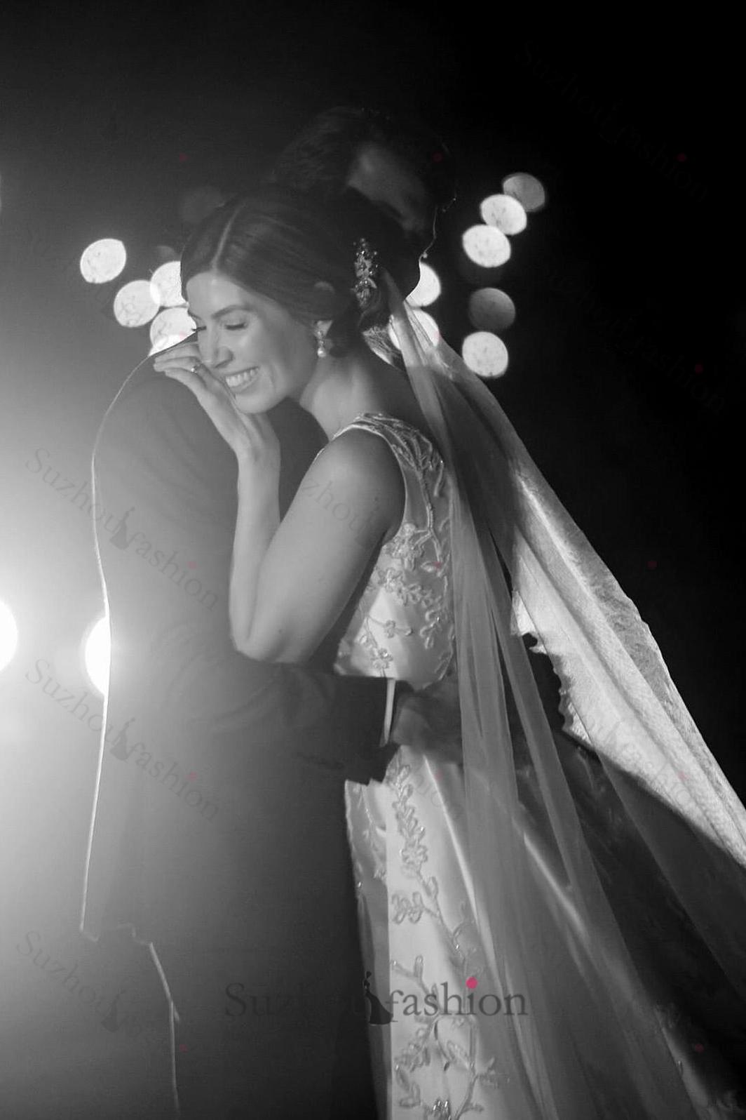 White Wedding Dress A Line V Neck Sleeveless Cathedral Train Satin Bridal Gown With Appliques