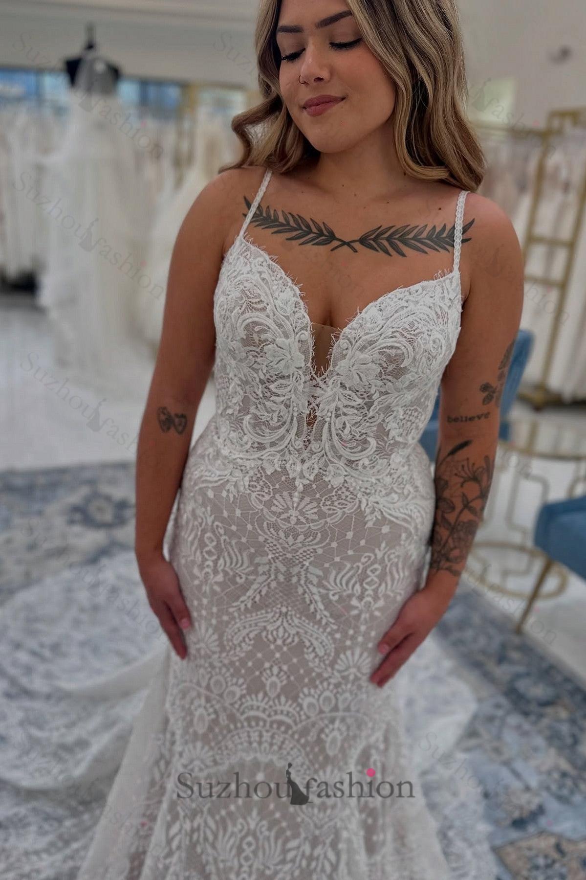 White Wedding Dress Lace Mermaid Boho Sweetheart Spaghetti Strap Sleeveless Cathedral Train Tulle Bridal Gown