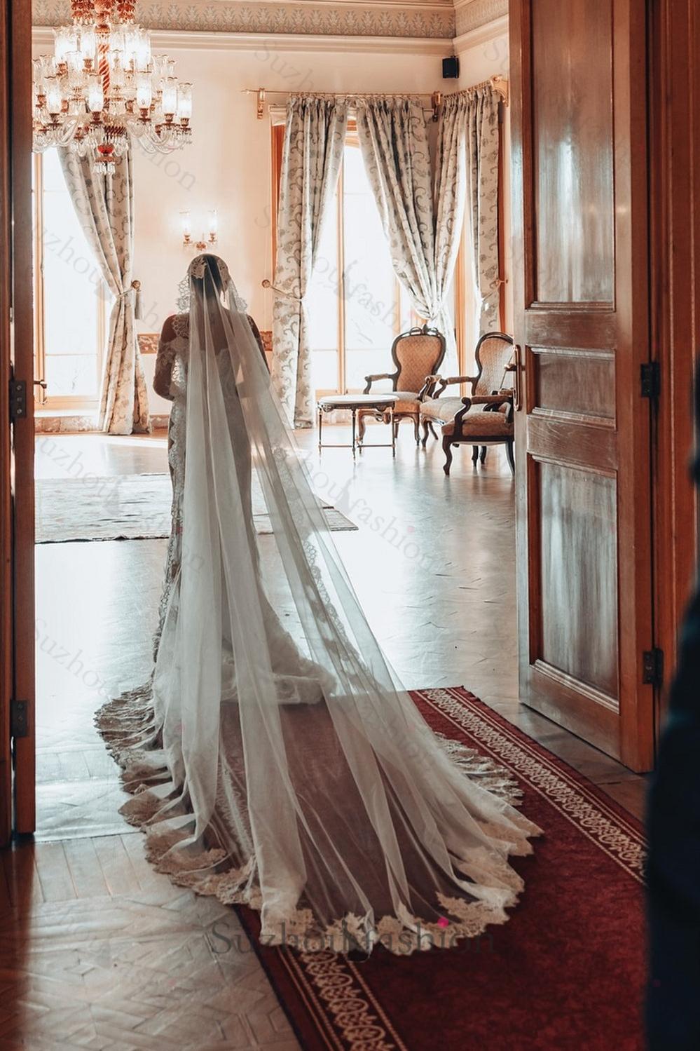 White Wedding Dress Lace Mermaid Sweetheart Off The Shoulder Beaded Long Sleeves Sweep Train Bridal Gown