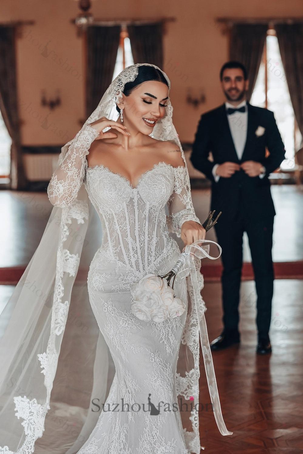 White Wedding Dress Lace Mermaid Sweetheart Off The Shoulder Beaded Long Sleeves Sweep Train Bridal Gown
