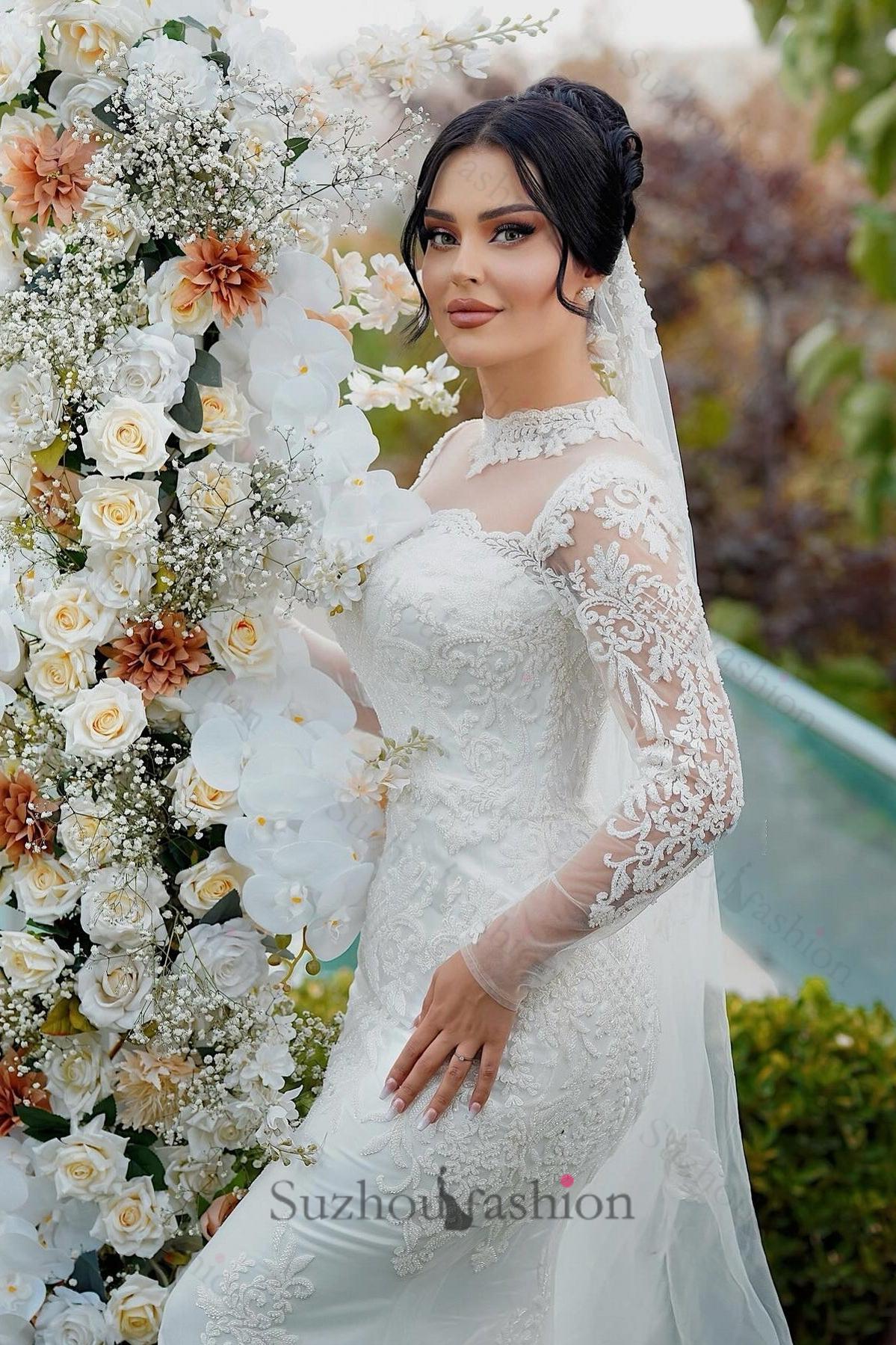 White Wedding Dress Mermaid High Neck Lace Long Sleeves Sequined Tulle Bridal Gown With Appliques
