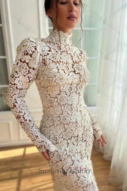 White Wedding Dress Mermaid High Neck Long Sleeves Floor Length Lace Bridal Gown With Pearls