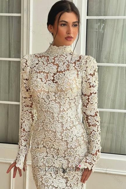 White Wedding Dress Mermaid High Neck Long Sleeves Floor Length Lace Bridal Gown With Pearls