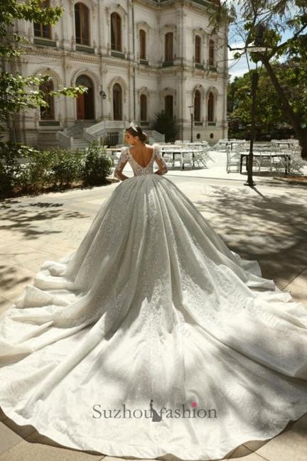 White Wedding Dress Square Beaded Long Sleeve Lace Sequined Ball Gown Tulle Bridal Gown With Rhinestones