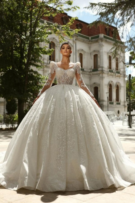 White Wedding Dress Square Beaded Long Sleeve Lace Sequined Ball Gown Tulle Bridal Gown With Rhinestones