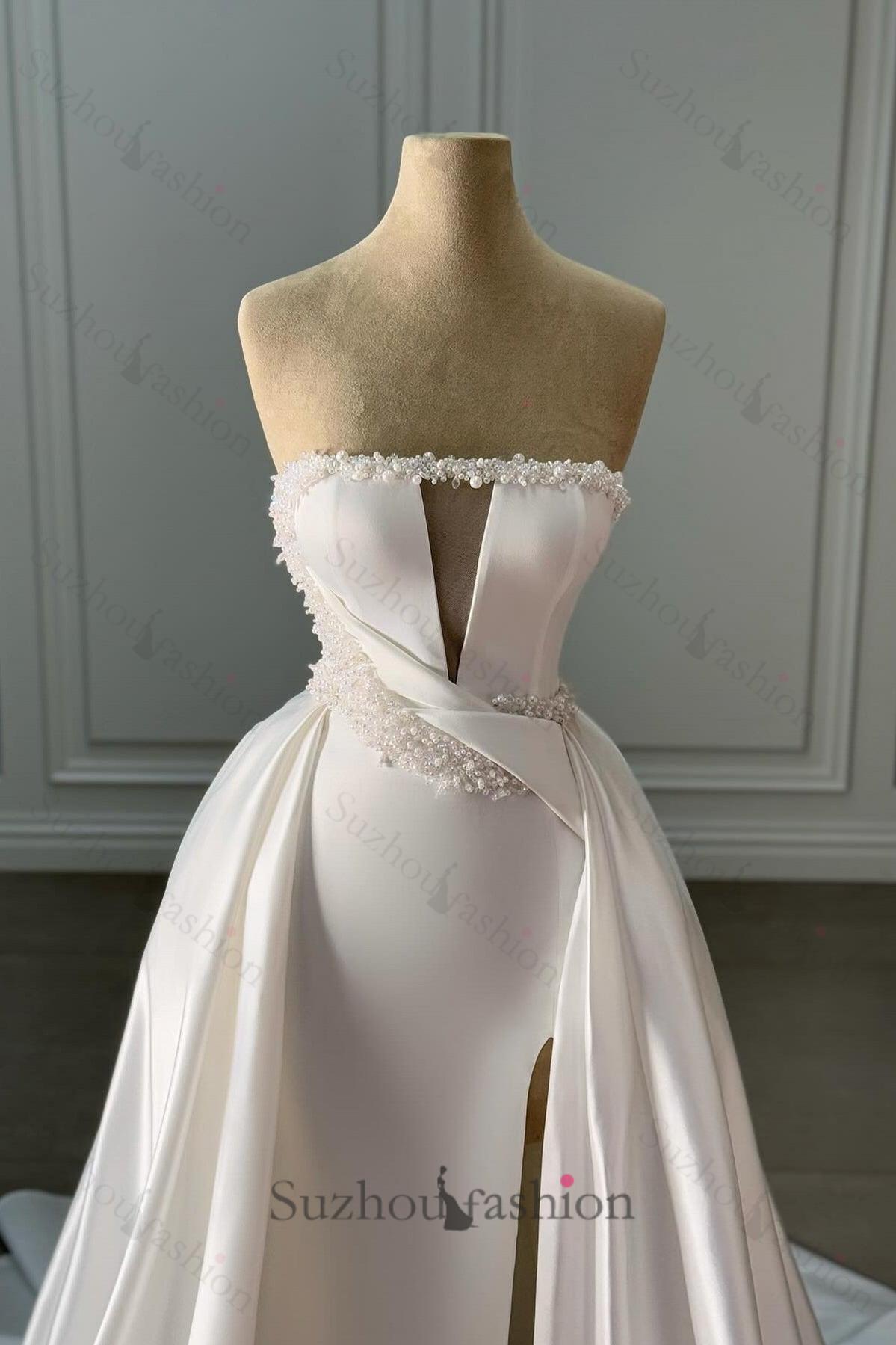 White Wedding Dress Strapless Sleeveless Beaded Panel Train Ruffle Long Satin Bridal Gown With Slit