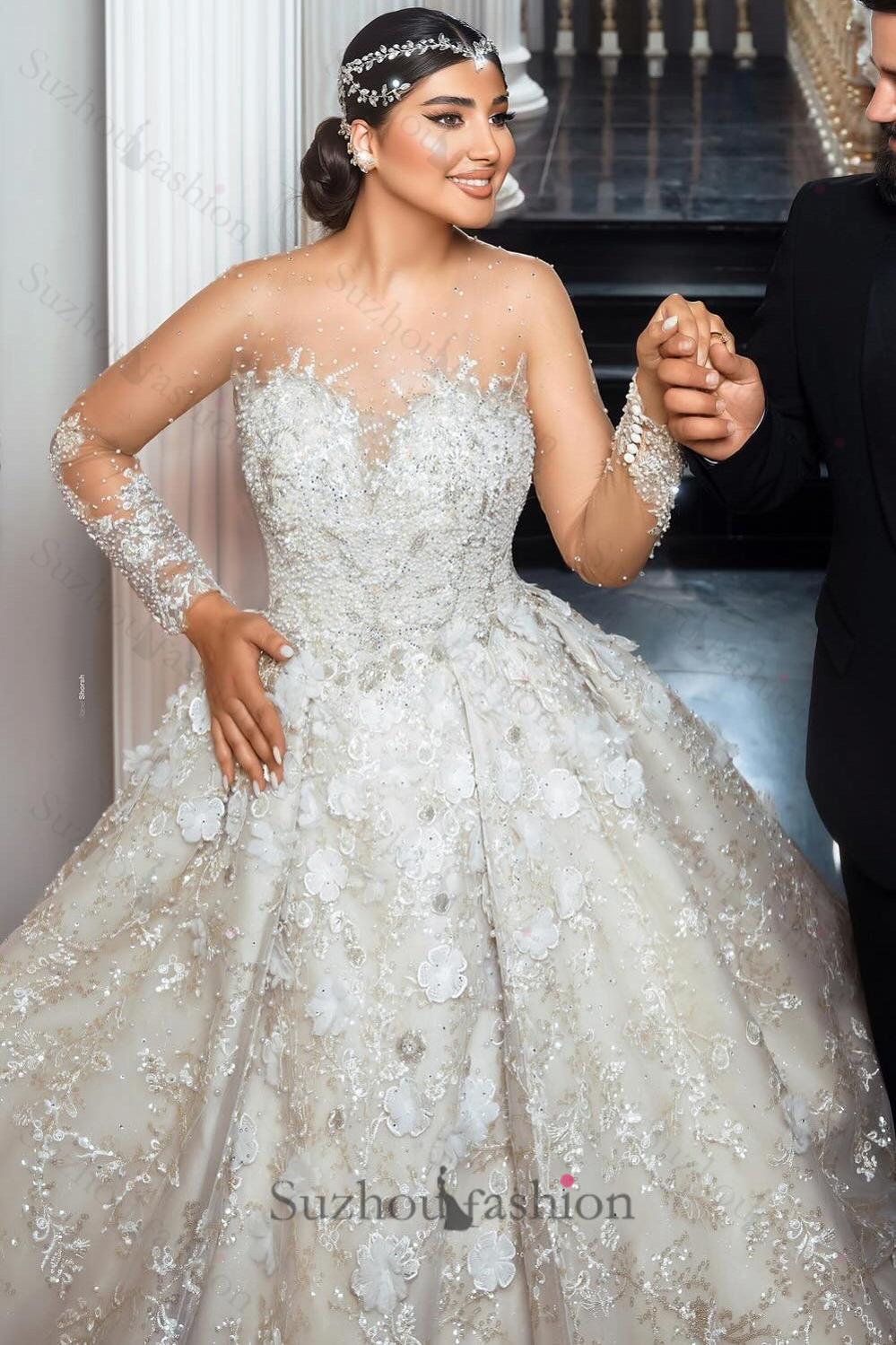 White Wedding Dress Sweetheart Beaded Illusion Sleeves Sequined Ball Gown Long Tulle Bridal Gown With Pearls And Appliques