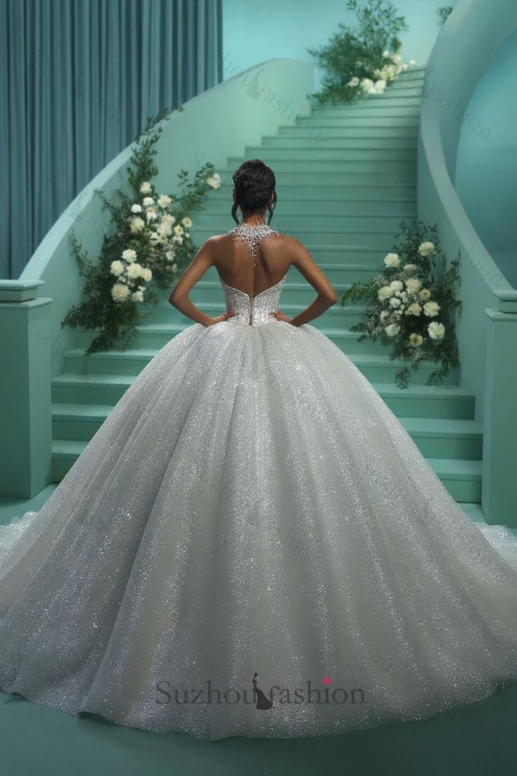 White Wedding Dress Sweetheart Sequined Sleeveless Ball Gown Cathedral Train Tulle Bridal Gown