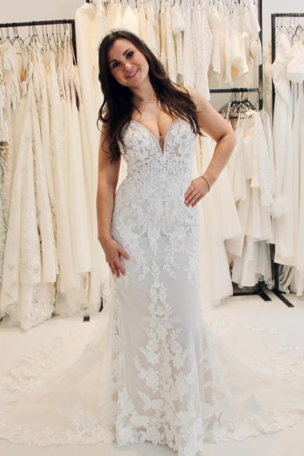 White Wedding Dress Sweetheart Spaghetti Strap Mermaid Sleeveless Tulle Court Train Long Lace Bridal Gown With Appliques