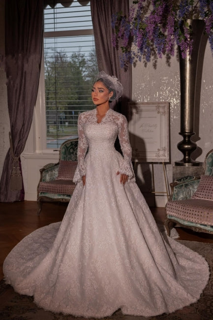 White Wedding Dress V Neck A Line Lace Long Sleeves Sweep Train Velour Bridal Gown With Appliques