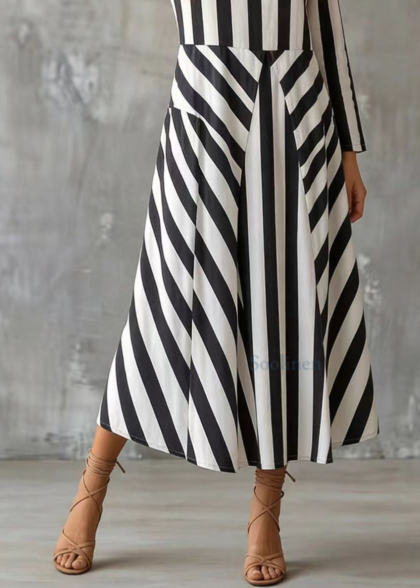 White stripes Cotton Dresses Pockets Patchwork Spring