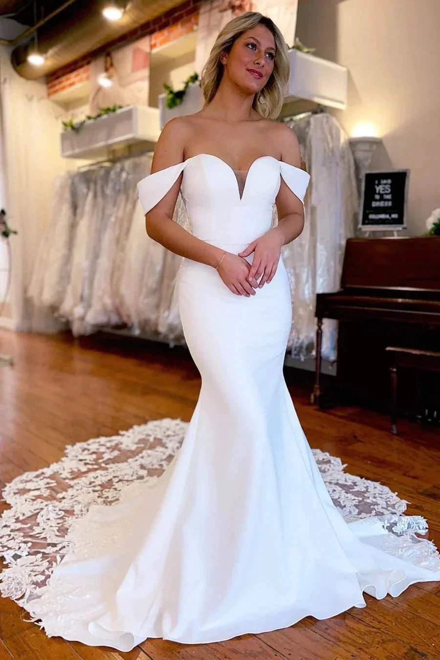 White Lace-Trimmed Off The Shoulder Mermaid Long Wedding Dress (ZD16179)