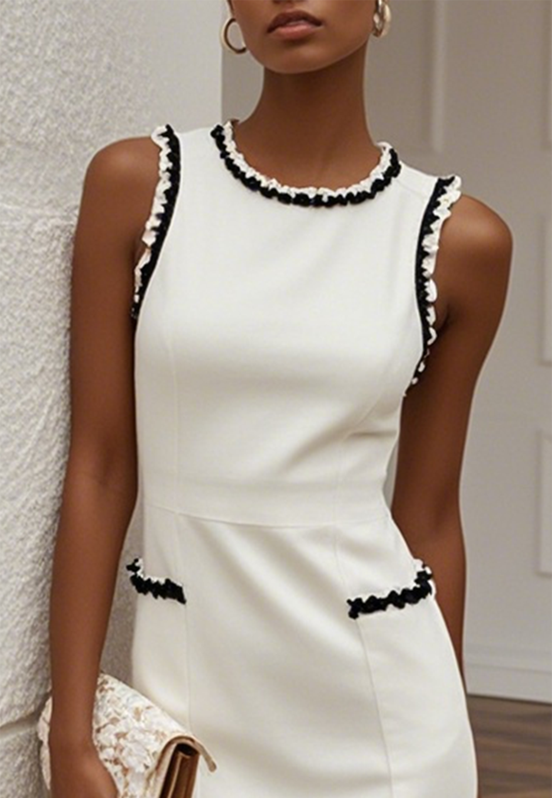 White Lace Classic Crew Neck Sleeveless Balloon Sleeve Sheath Midi Dress