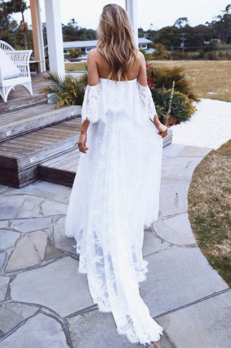 White Lace Off Shoulder A-Line Prom Dress - Fashionpara